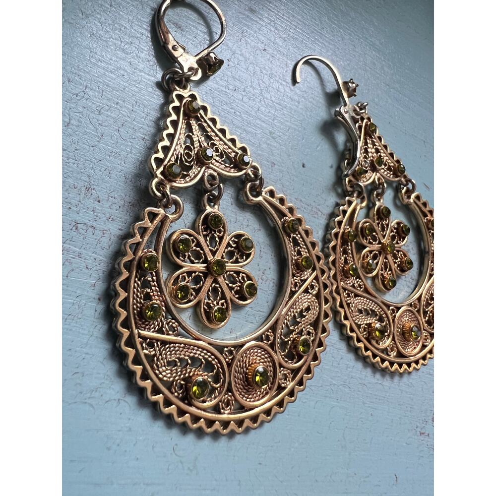 Vintage filigree chandelier earrings green rhinestones statement dangles boho